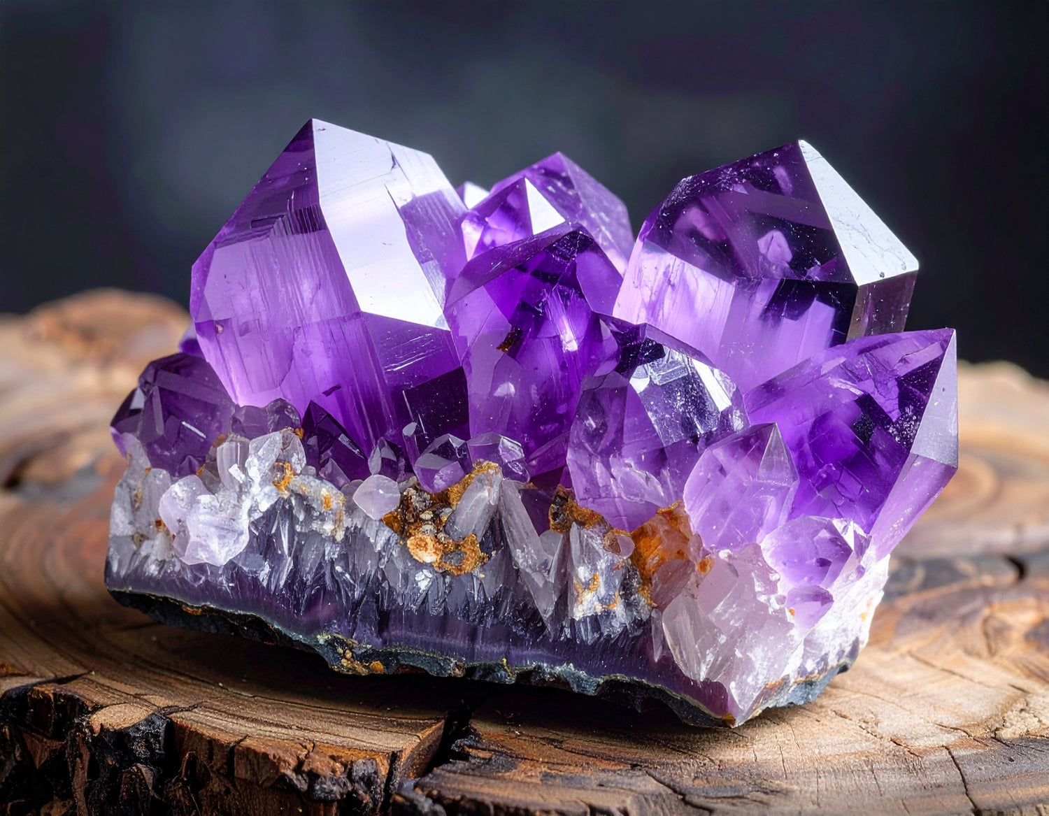 Amethyst crystal cluster on a wooden surface with a dark background